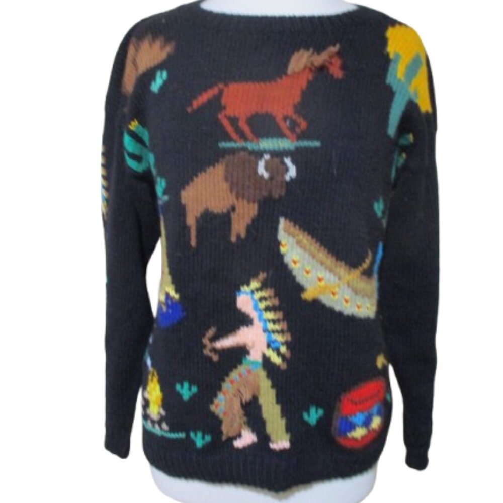 Vintage 80s 90s Native Indian Desert Southwestern Knit Horse Black Sweater